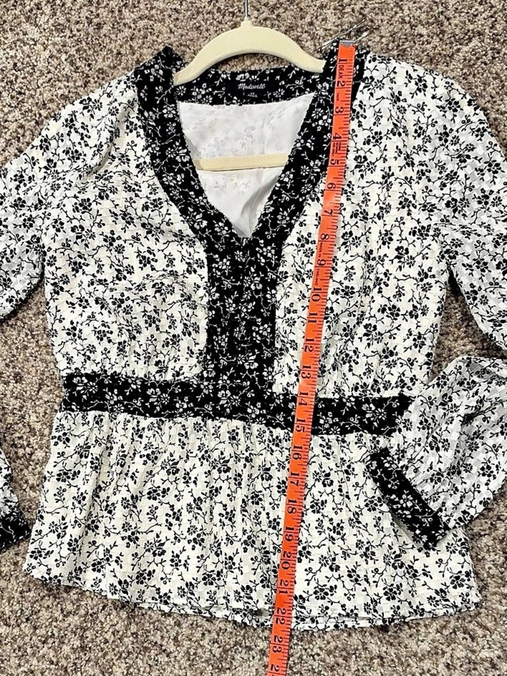Madewell HAF62 Floral Peplum Blouse in White & Black Size XS - Picture 6 of 10